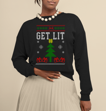 Load image into Gallery viewer, get lit black ugly christmas sweater. african american christmas sweater. black owned sweater. black santa christmas sweater. black guy christmas sweater.
