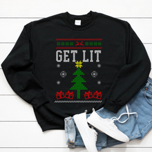 Load image into Gallery viewer, get lit black ugly christmas sweater. african american christmas sweater. black owned sweater. black santa christmas sweater. black guy christmas sweater.